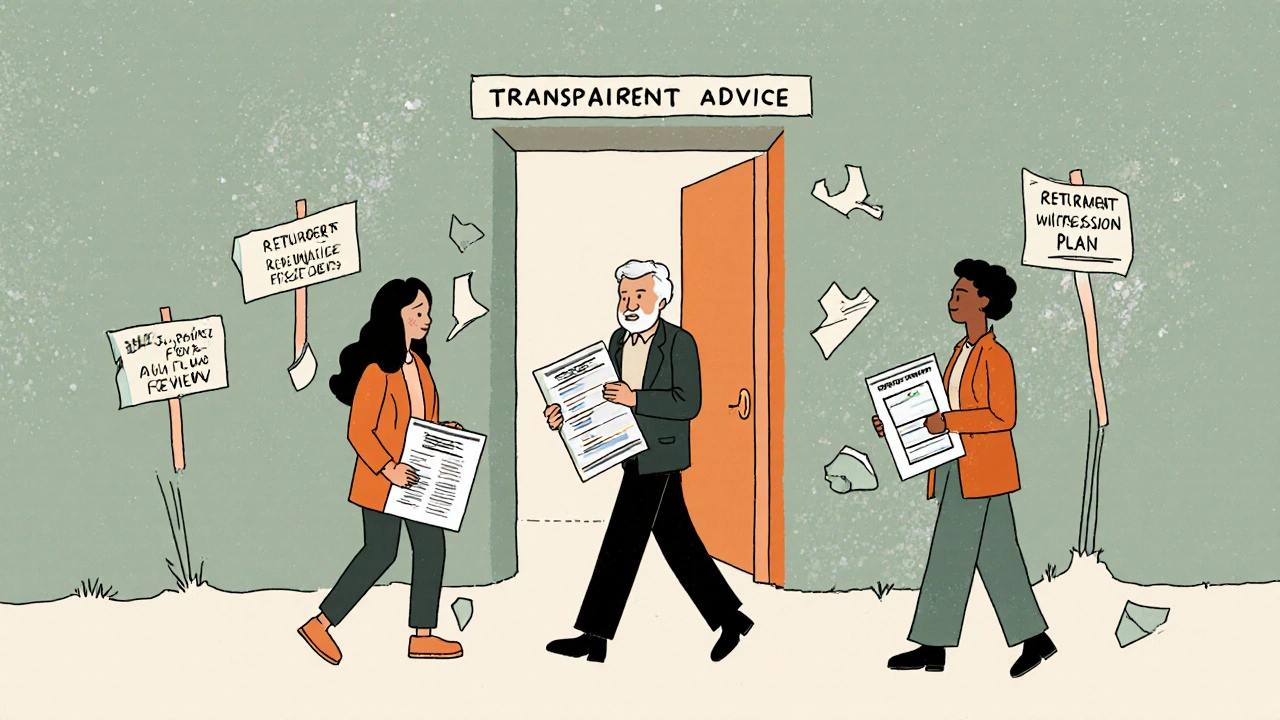 Diverse clients walk through a door labeled &#039;Transparent Advice,&#039; leaving behind crumbling fee structures.