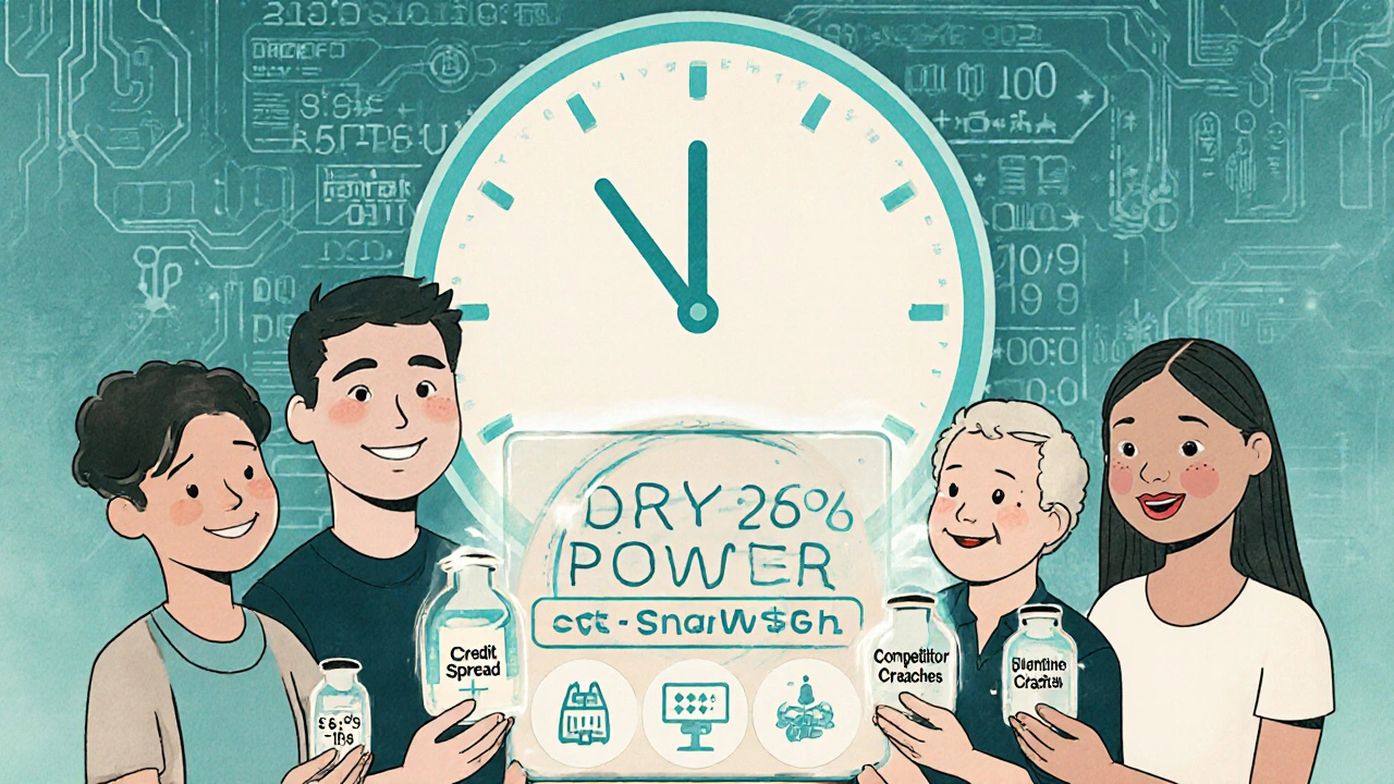 Diverse individuals hold vials of dry powder above a trigger panel with market signals, AI data flowing behind them.