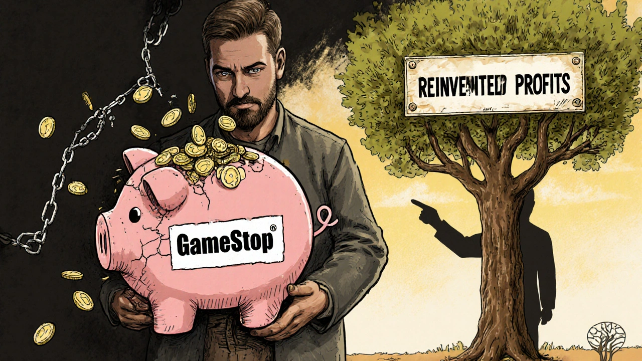 Man holding a broken piggy bank labeled 'GameStop,' while his future self points to a growing tree of reinvested profits.