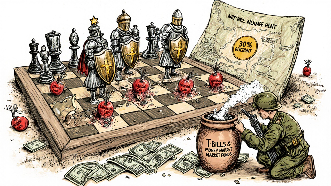 Private equity knights battle financial collapse on a battlefield, drying gunpowder in a jar labeled T-Bills.