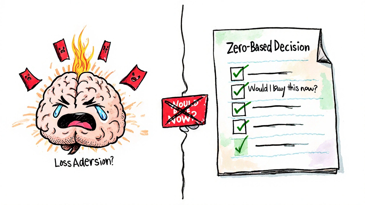Split brain illustration showing emotional loss aversion versus rational investment decision-making.