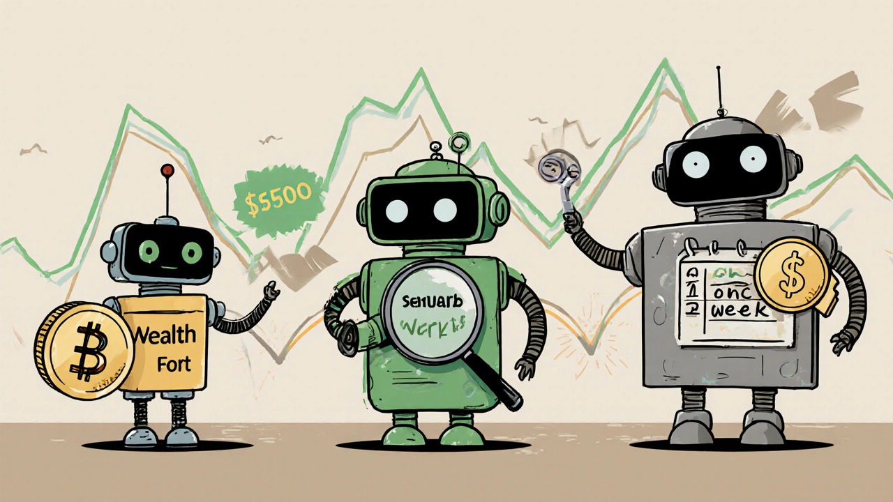 Three robots comparing tax-loss harvesting speeds: tiny Wealthfront, medium Betterment, slow Schwab.