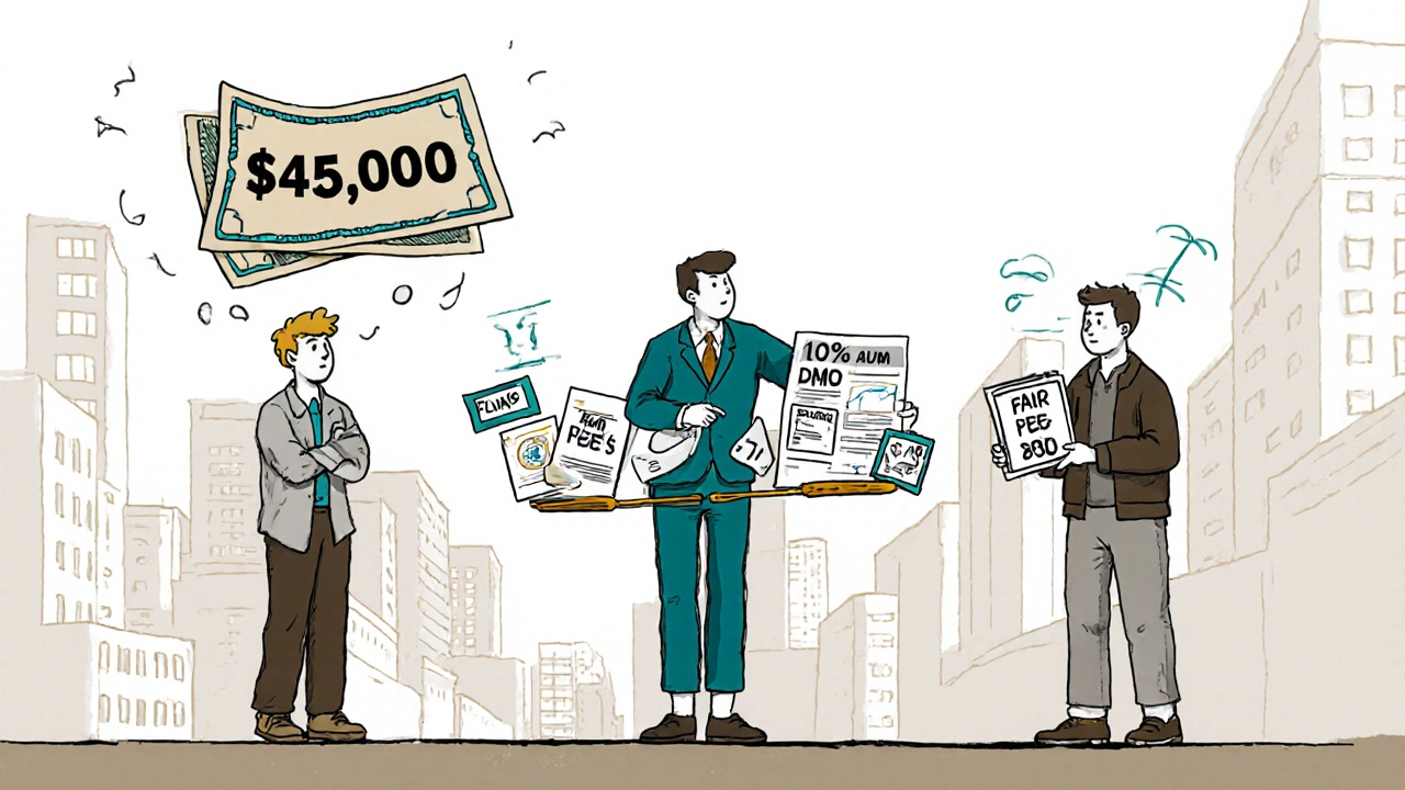 Two clients compared: one overwhelmed by high AUM fees, another receiving a clear flat-fee plan with financial icons.