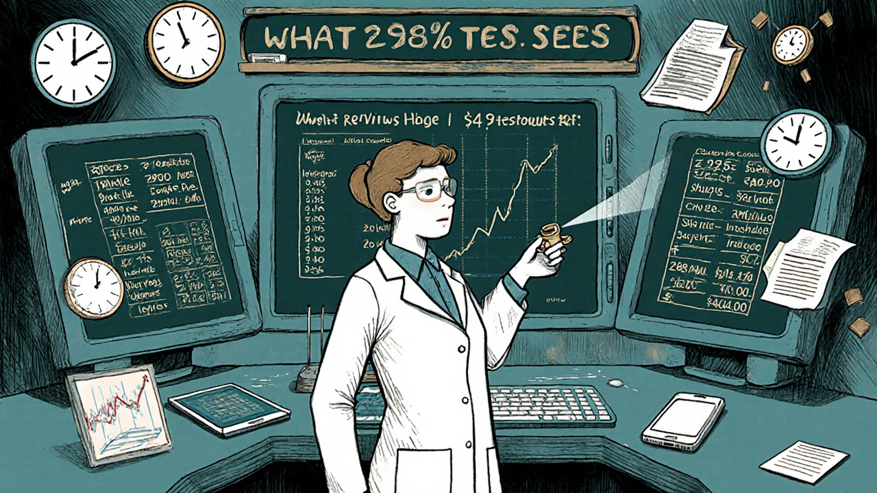 A lab technician testing trading platforms with monitors showing latency, order fill rates, and hidden affiliate payouts.