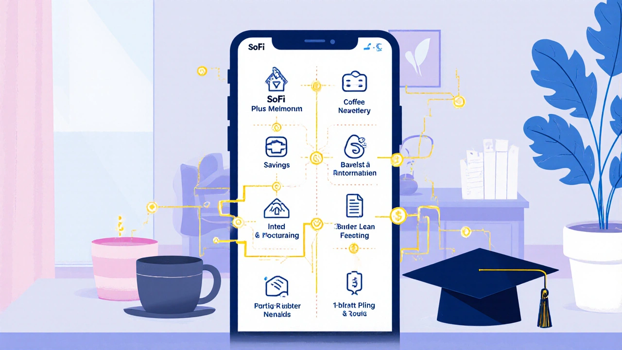 A smartphone screen showing six integrated SoFi financial tools connected by golden threads in a cozy apartment setting.