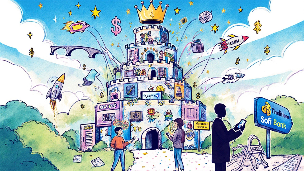 A whimsical castle made of financial icons crowned 'SoFi Bank', with users accessing services while traditional banks fade below.