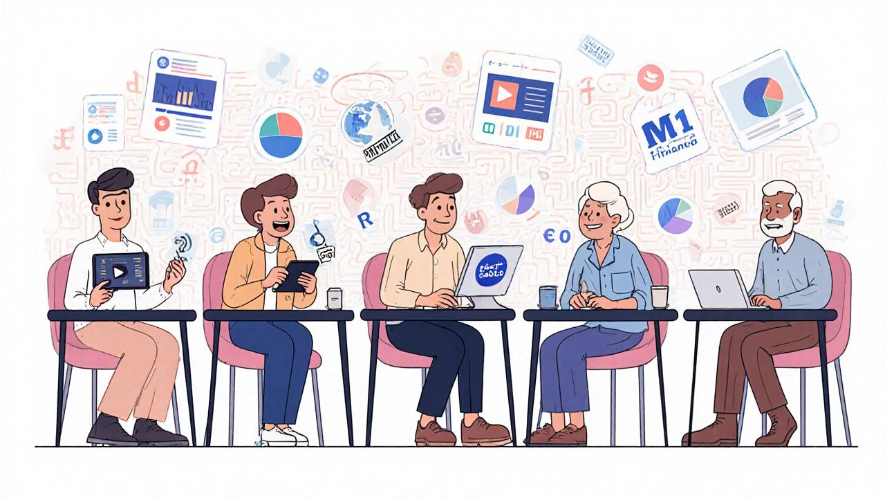 Five different investors at desks, each with their ideal broker tailored to their trading style.