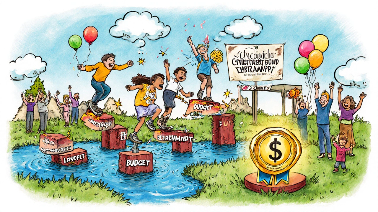 People playing a whimsical financial obstacle course with challenges like budgeting and saving to reach a golden badge.