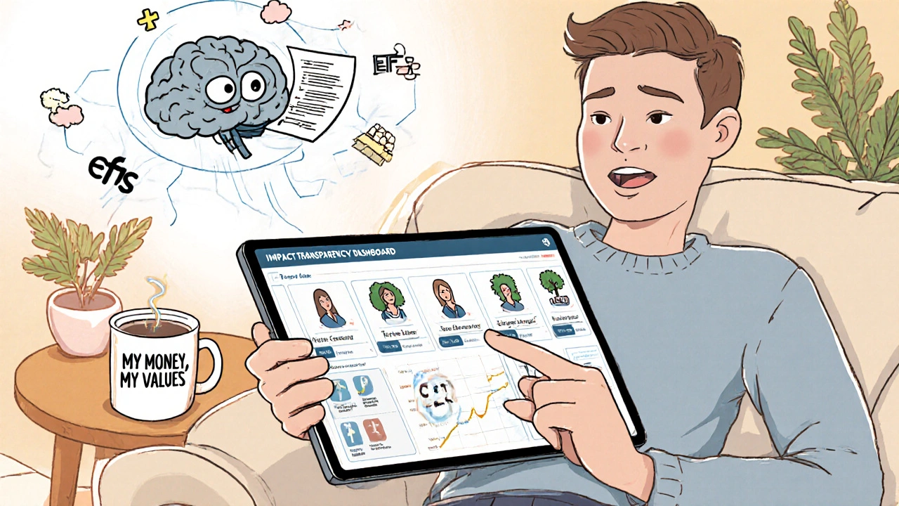 Person checking an impact dashboard showing CO2 reduced and gender diversity, with AI reading sustainability reports.