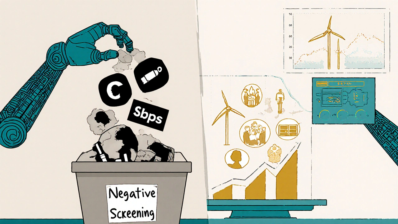 Robotic arm filtering out harmful companies on one side and selecting ethical ones on the other for a balanced portfolio.