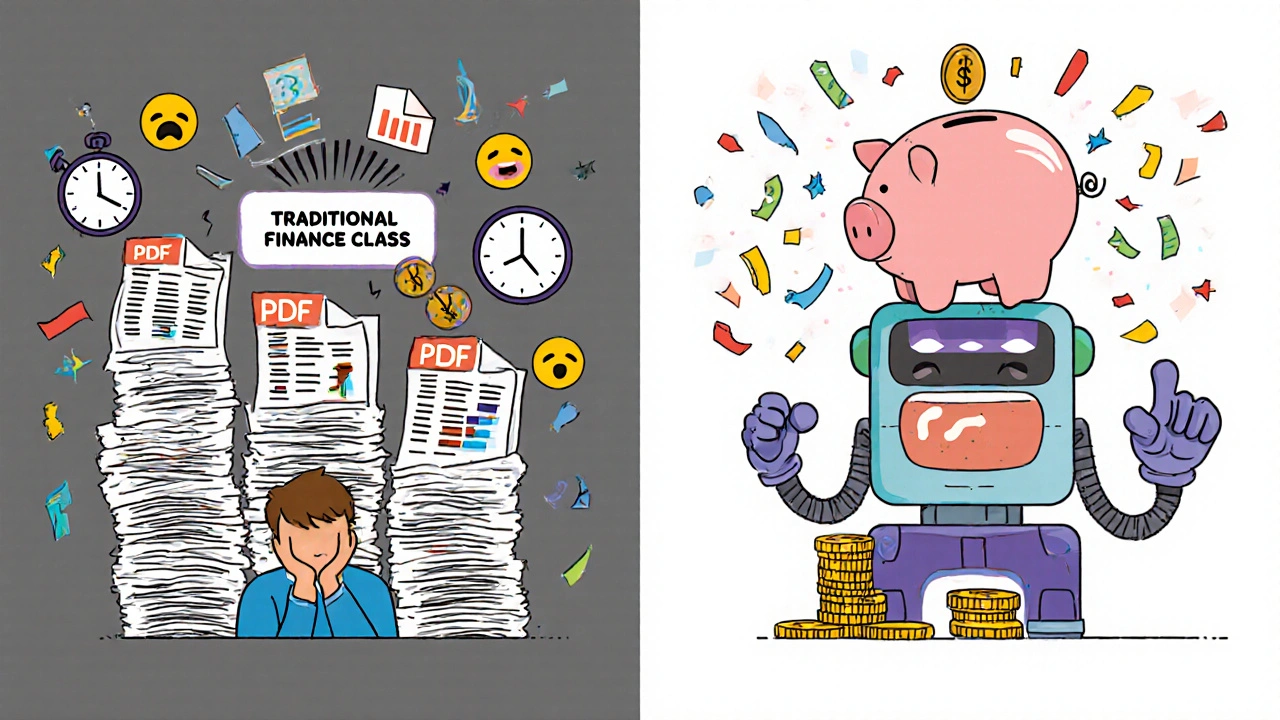 Split scene: boring finance papers vs. fun gamified money habits with a smiling user and robot coach.