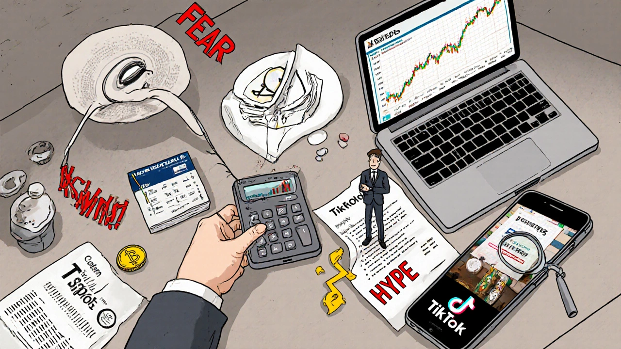 Cluttered desk with stock charts, credit card, and phone showing crypto videos, invisible strings pulling hands toward emotion.