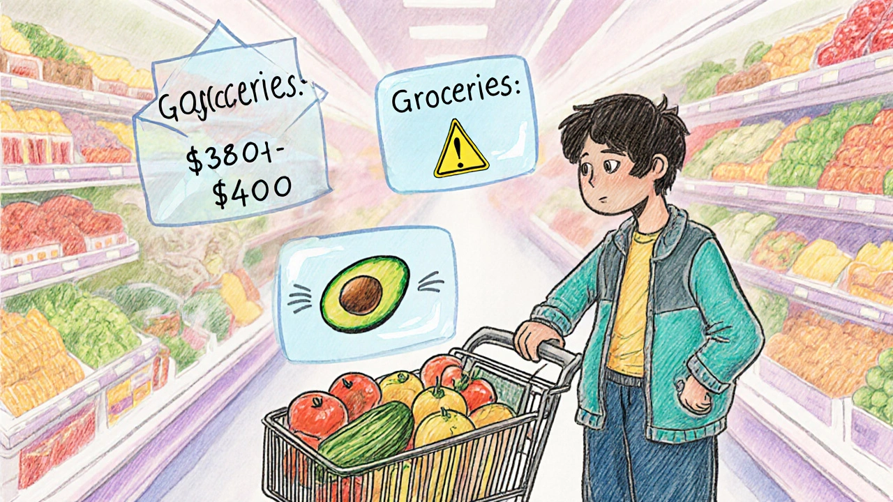 Shopper in grocery store with floating digital budget alerts hovering above items.