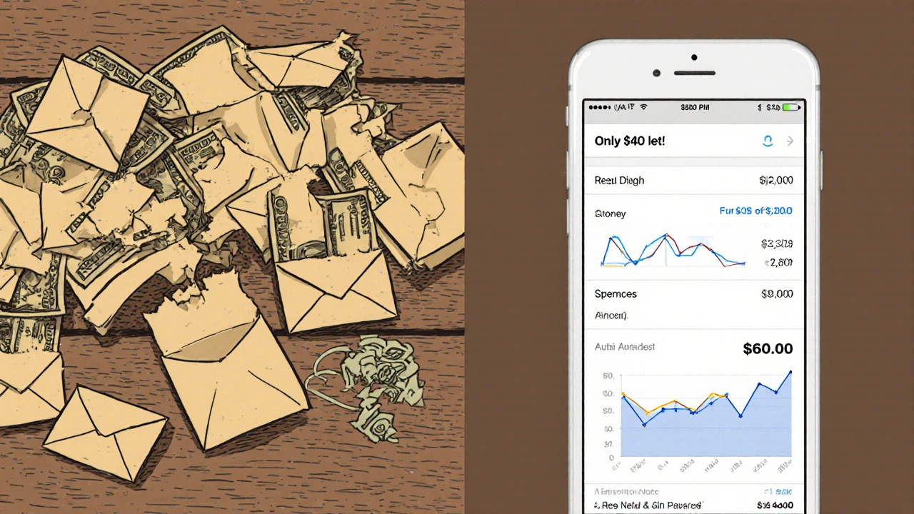 Split illustration: messy cash envelopes on left, clean digital budget interface on right.