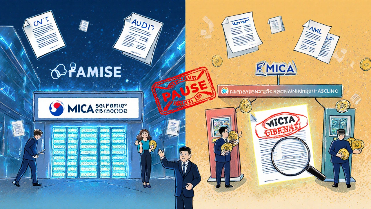 Split scene of a compliant European crypto exchange and a paused South Korean lending platform under regulatory oversight.