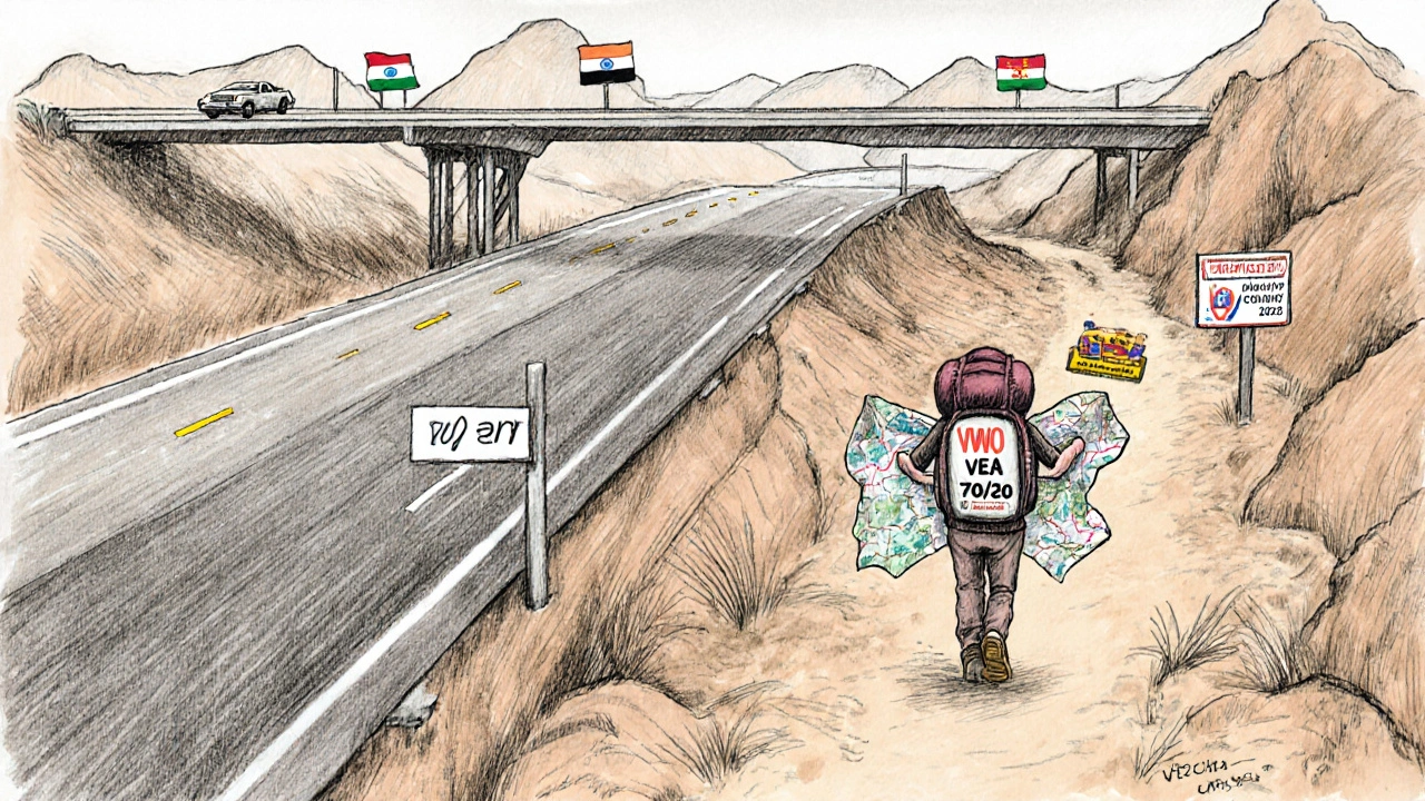 A four-tier investment road map with an investor walking steadily from developed to emerging markets, avoiding financial pitfalls.