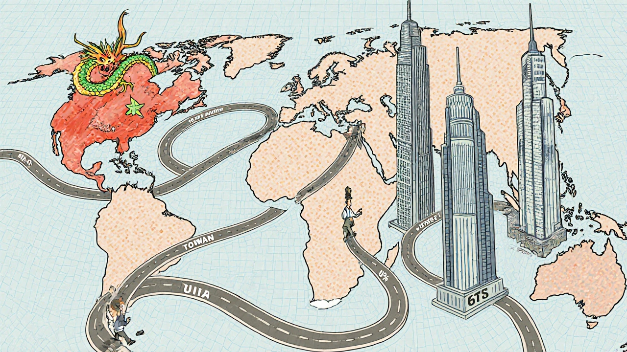 A mosaic map of global stock indexes showing China, U.S., Taiwan, and India as dominant towers in a stylized financial landscape.