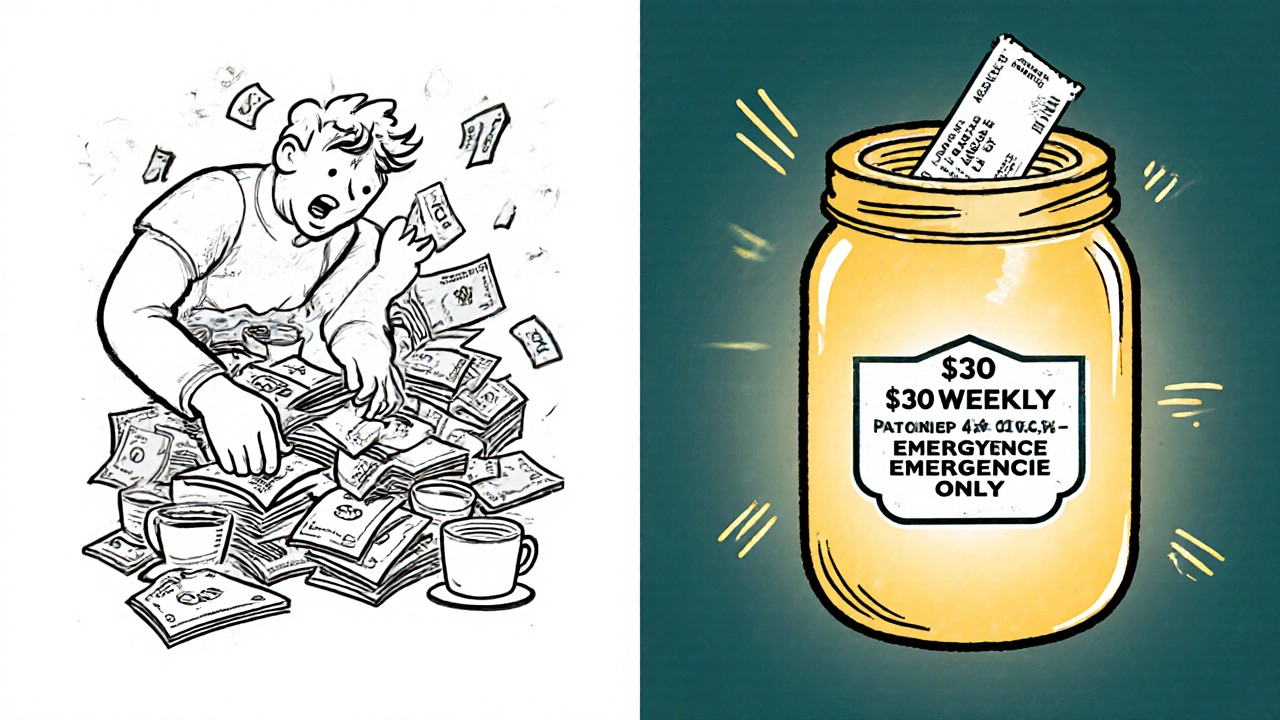 A person transferring  weekly into a labeled emergency savings account, contrasting messy spending with calm saving.