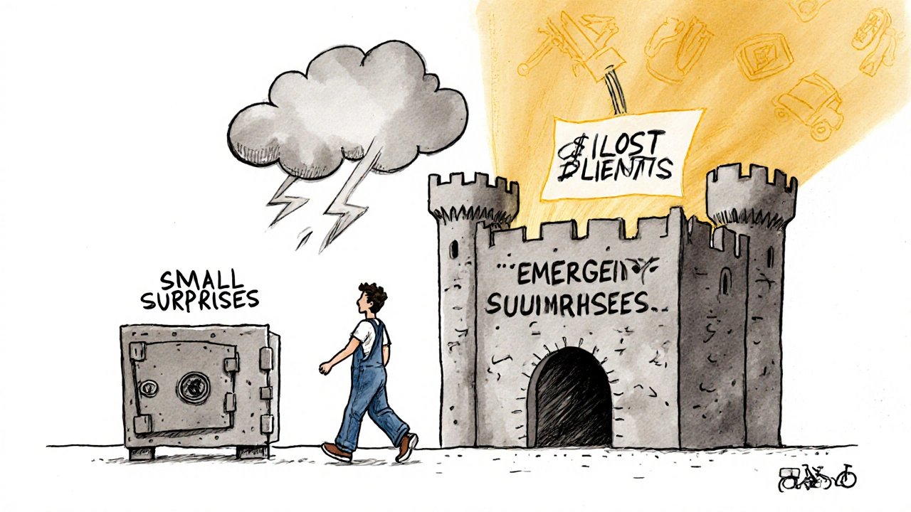 A two-tiered emergency fund system: a small vault for minor surprises and a large castle for big disasters, with a freelancer walking away from a storm.