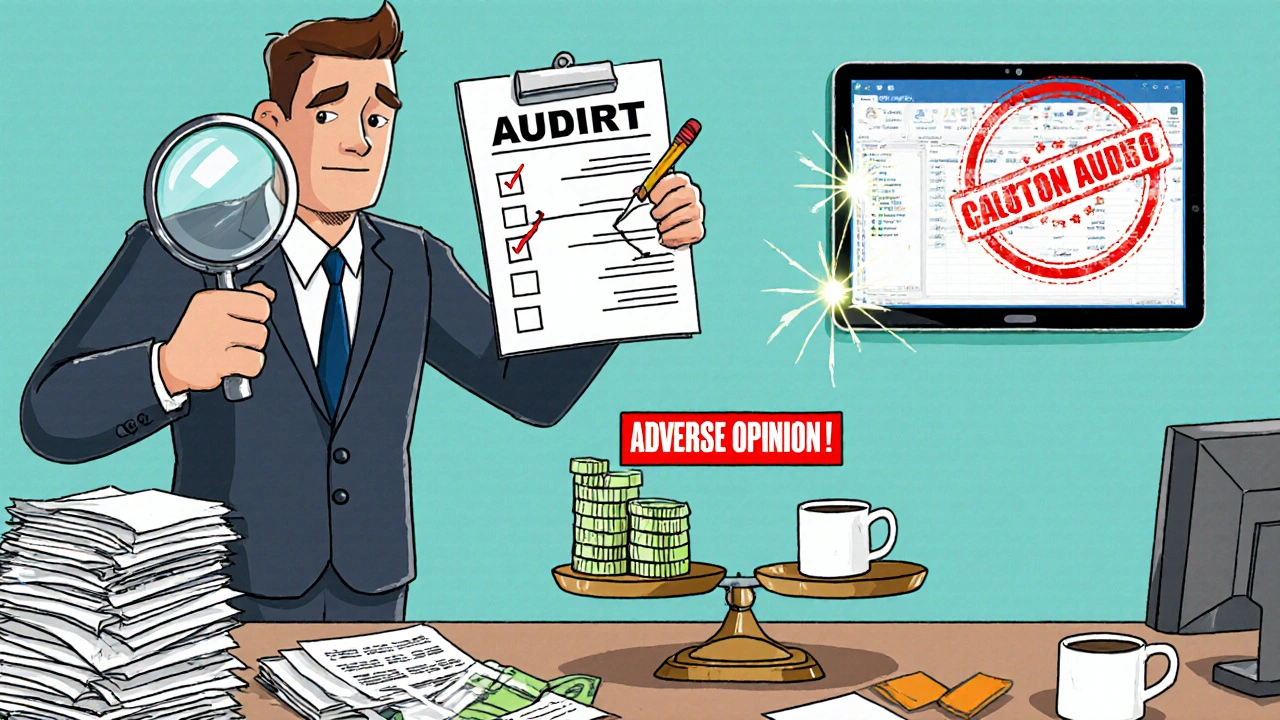 Giant auditor examining messy desk with red warning sign, while digital tool glows with clean audit results.