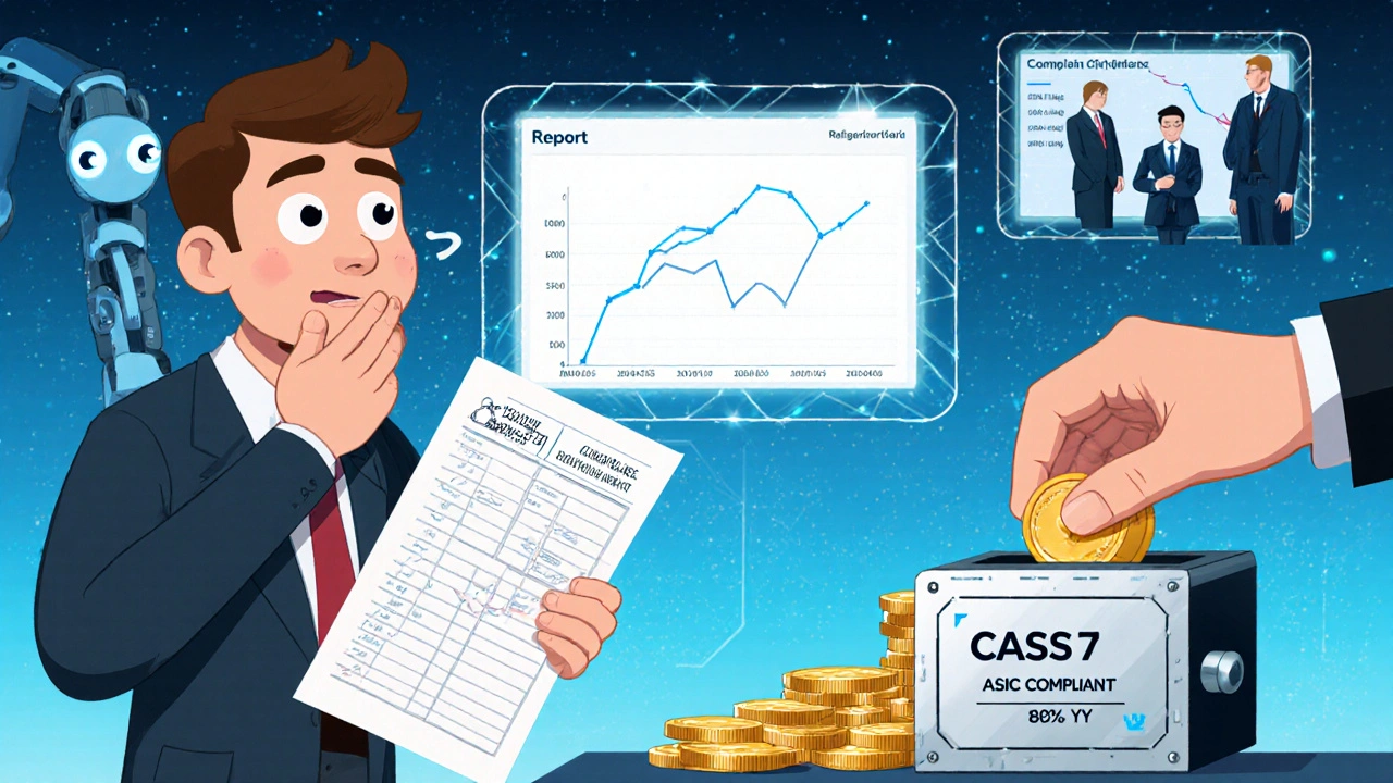 Worker replaced by robot as AI dashboard monitors compliance, client cash safely in digital vault.
