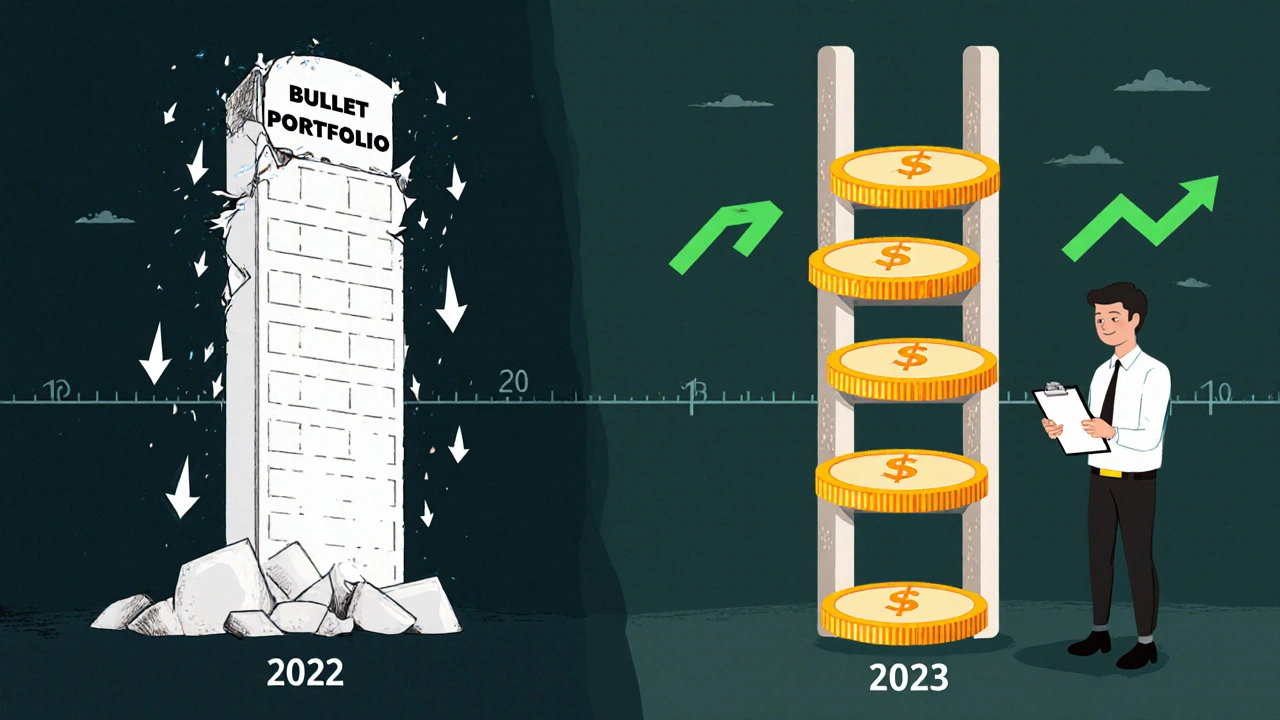 A cracked single bond versus a stable bond ladder with reinvesting arrows, showing superior performance during rising rates.