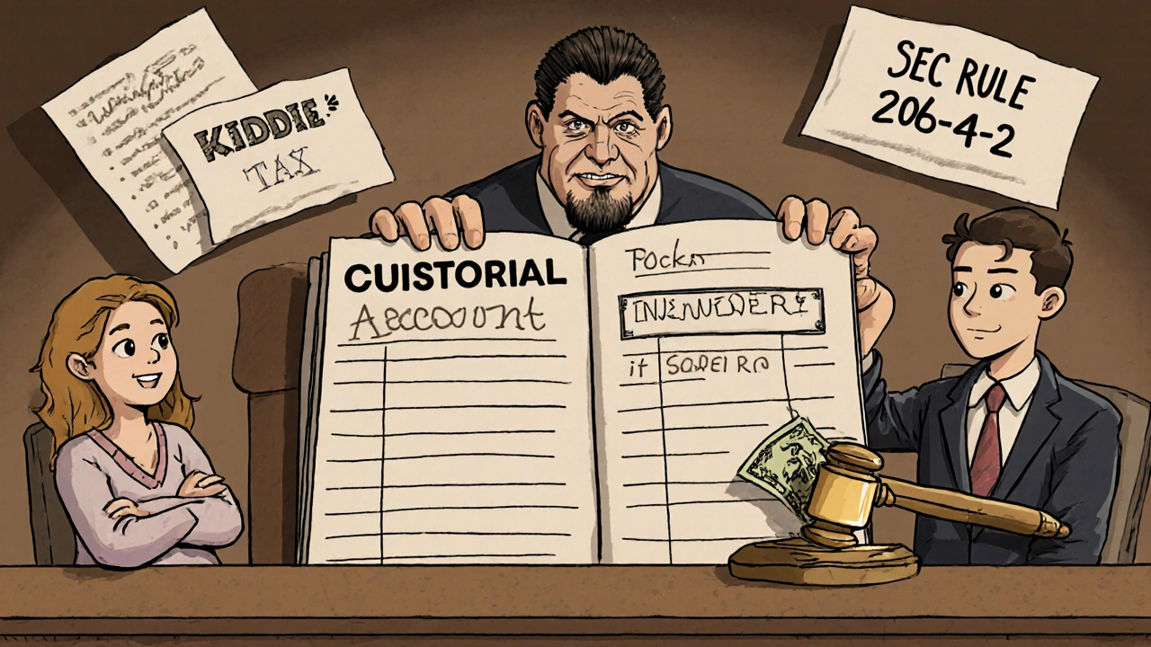 A parent attempting to misuse custodial funds while a teen watches, with legal documents floating nearby.