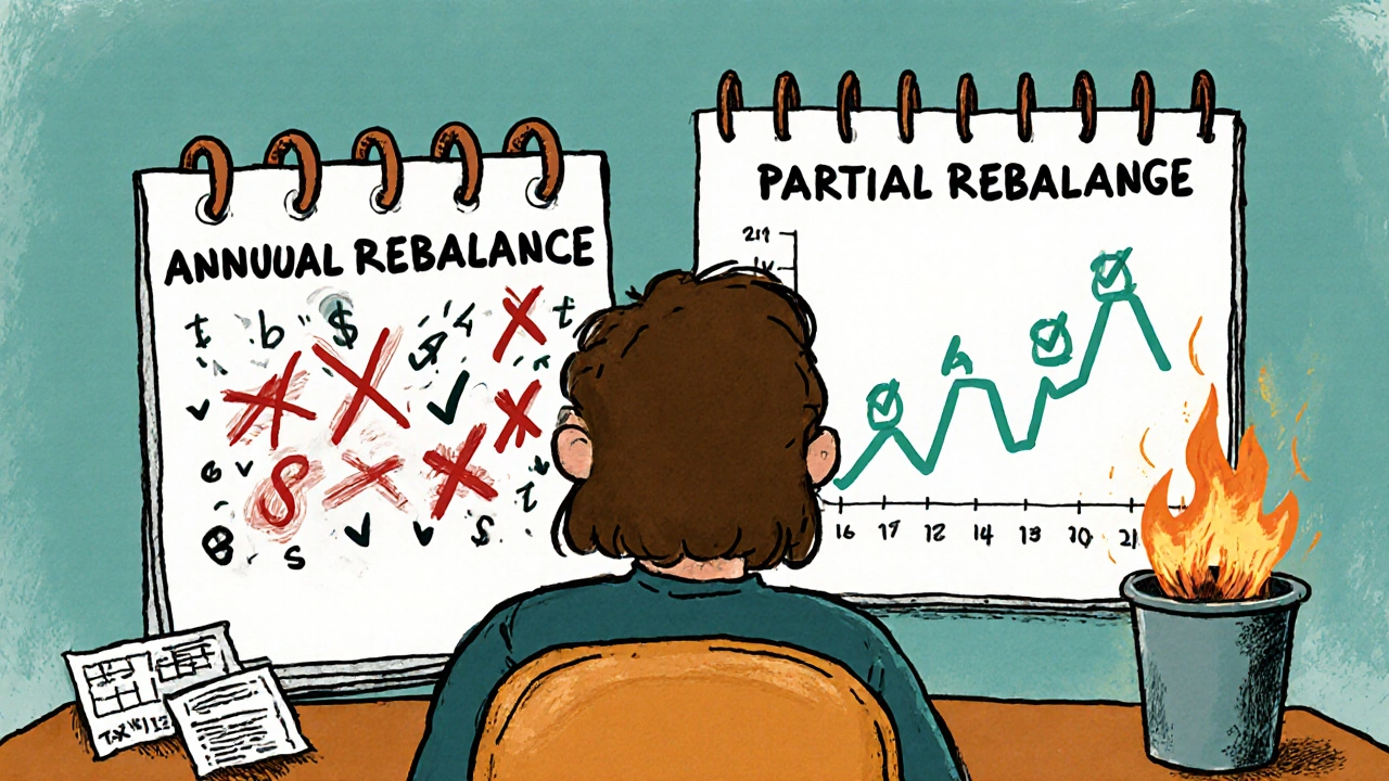 A person compares chaotic annual rebalancing to a calm partial approach with few, smart trades over time.