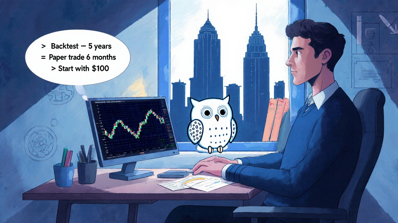 A retail trader using a simple AI helper to follow a responsible algo trading checklist in a home office.