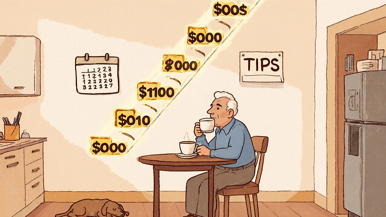 A retiree at home with a floating bond ladder of fractional Treasuries and TIPS icons, calm and peaceful morning scene.