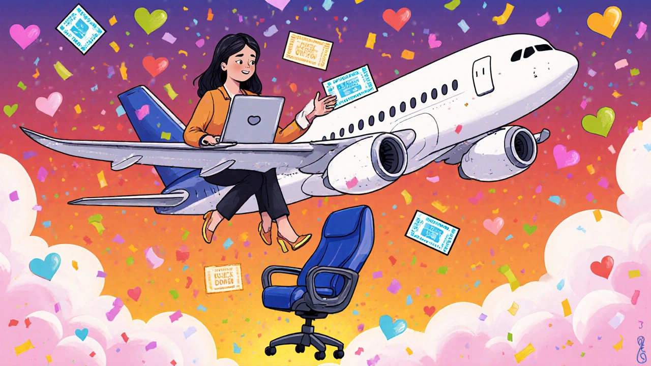 A woman floats upward in a first-class seat as her ordinary office chair drifts away, celebrating an unexpected upgrade.