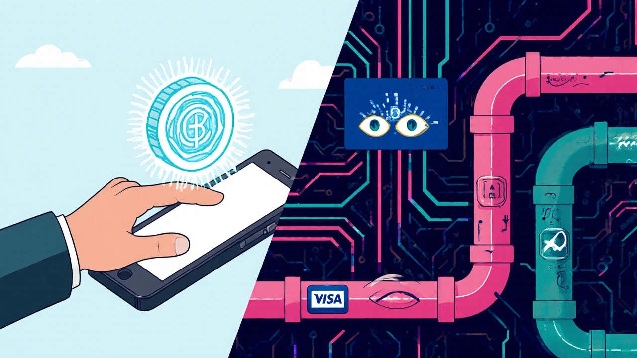 Customer tapping phone as digital token travels through encrypted payment pipes