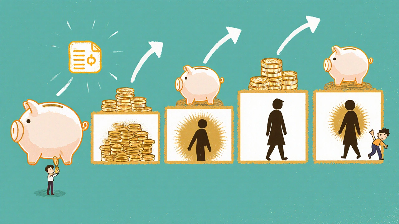 Five-panel illustration of a piggy bank filling step by step from 0 to six months of expenses.