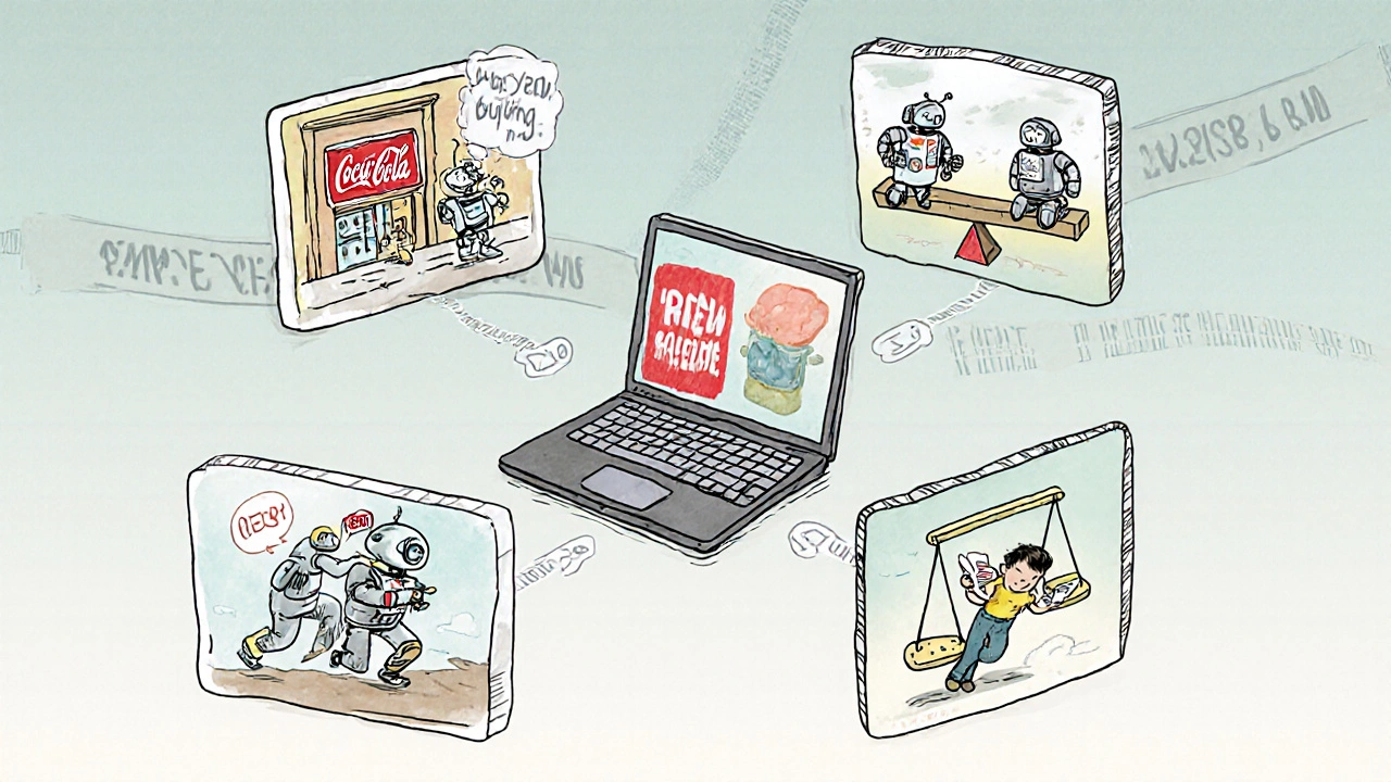 Four whimsical scenes showing how algorithms profit: market-making, arbitrage, event reaction, and mean reversion.