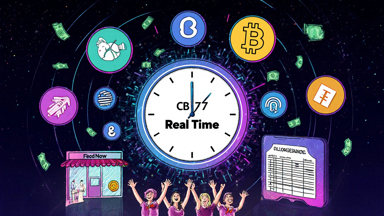 Futuristic payment hub with real-time icons glowing above bustling small businesses