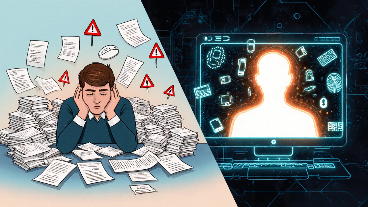 Human analyst overwhelmed by alerts vs. AI analyzing behavioral data to reveal fraud.