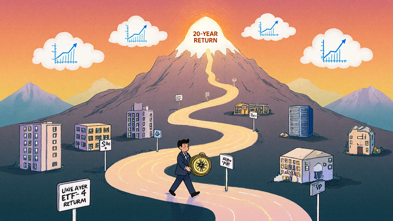 Investor walking a path through property types toward a mountain labeled &#039;20-Year Return&#039;.