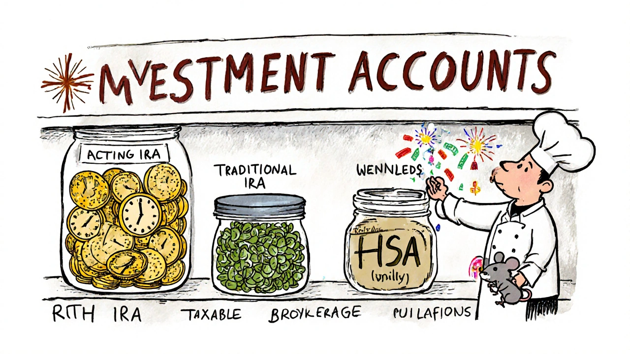 Kitchen pantry with jars representing investment accounts, each filled with symbols of tax outcomes and growth.