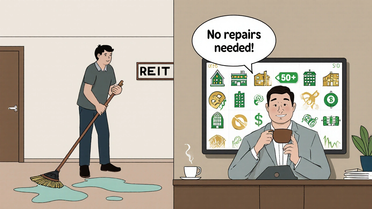 Side-by-side: stressed landlord vs. calm investor with diversified ETF portfolio on screen.
