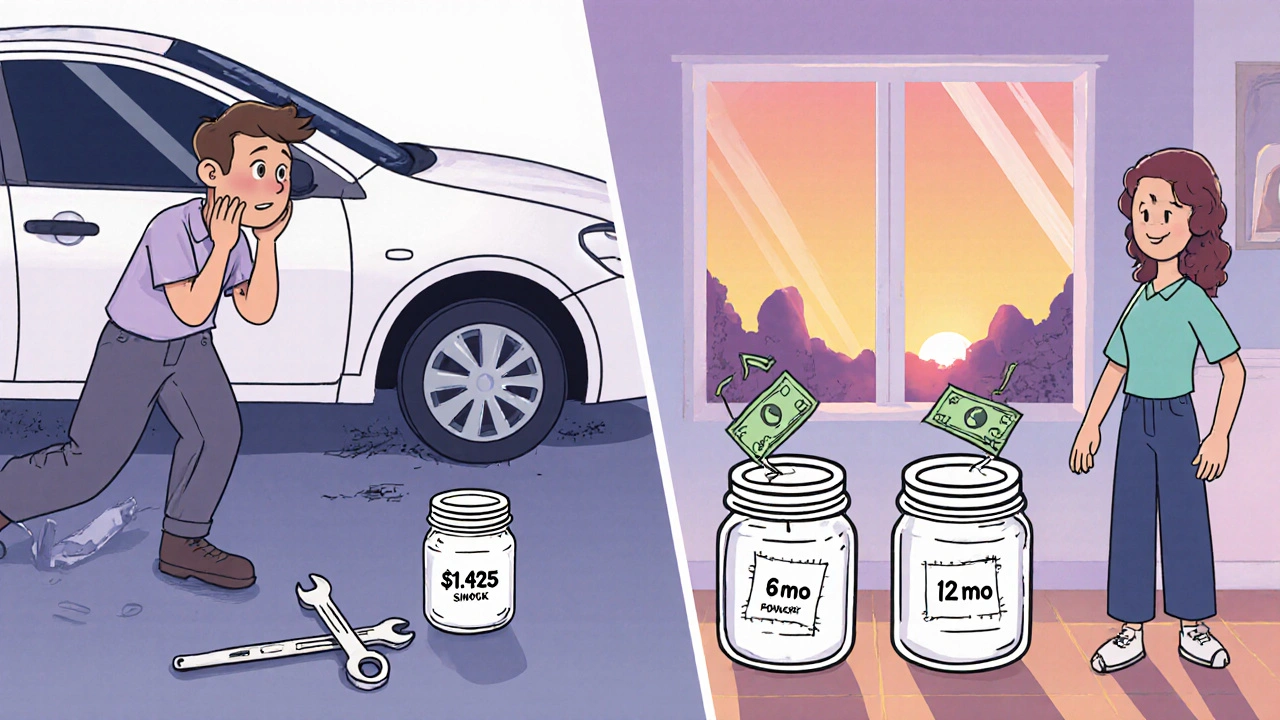 Split scene showing a broken car with a small savings jar on one side and growing emergency fund jars on the other.