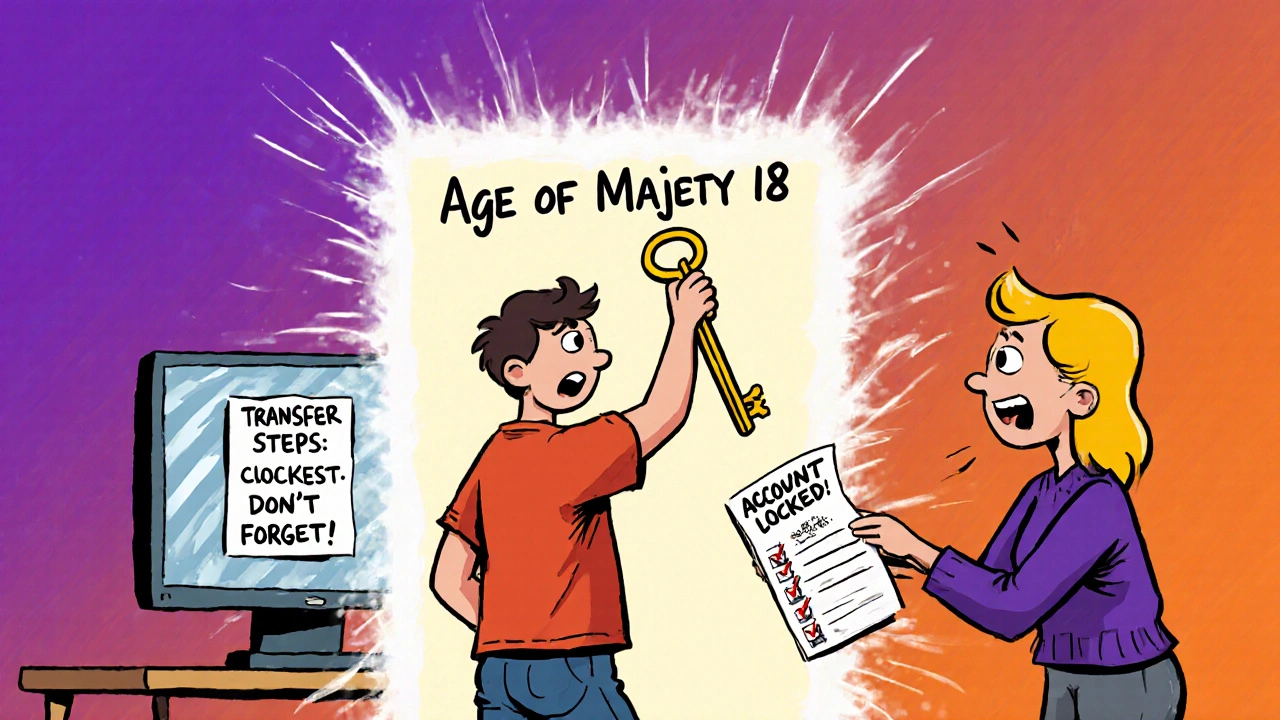 Teen reaching through a portal to claim control of their investment account as their parent rushes to hand them a checklist.