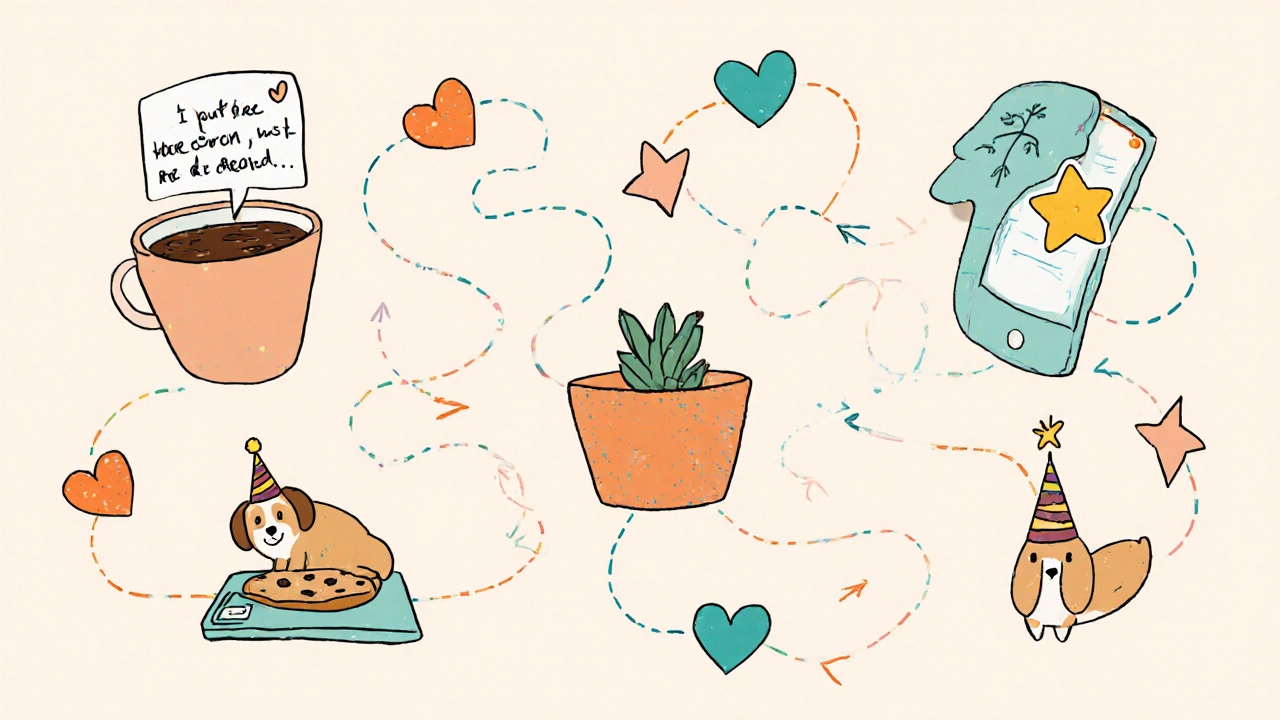 Tiny joyful moments—a note, sticker, star animation, and cookie—connected by floating hearts in a daily life scene.