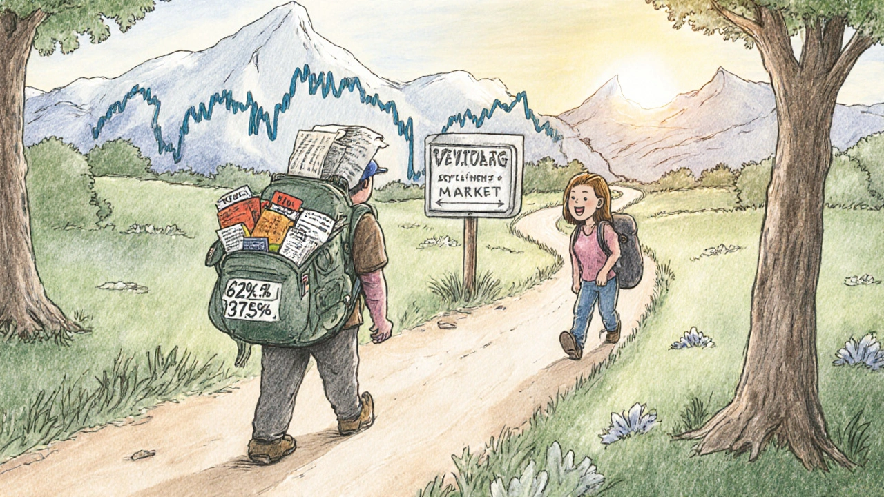 Two travelers on an investment path—one burdened, one light—showing the benefit of partial rebalancing.