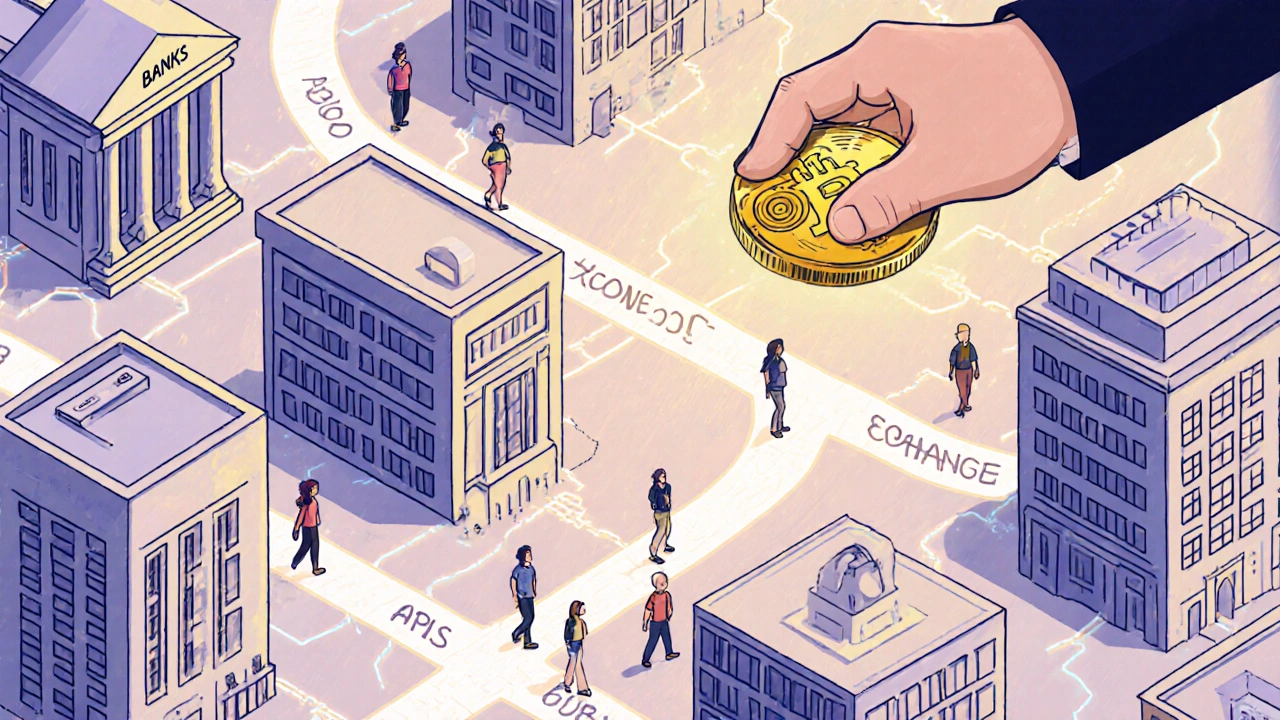 A cityscape of financial institutions connected by glowing APIs, with users moving freely between them.