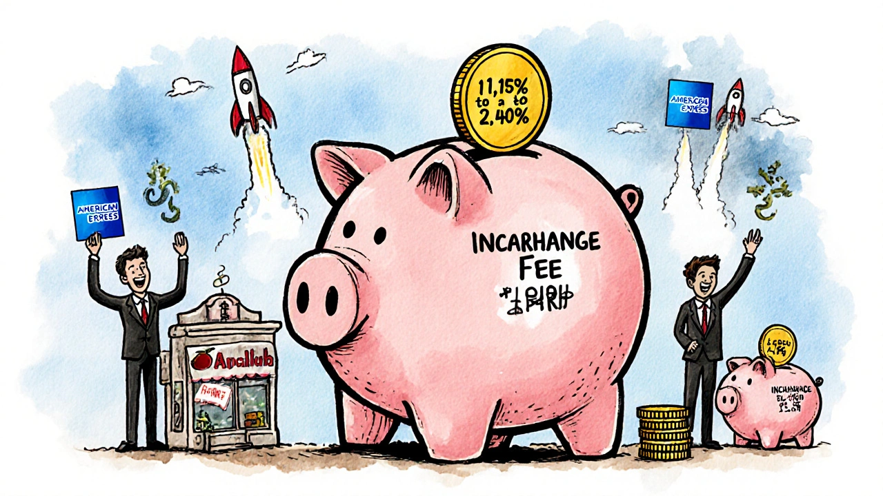 A giant piggy bank filled with interchange fee coins being fed by store transactions, fintech execs celebrating, with Amex, Discover, FedNow, and CBDCs in background.