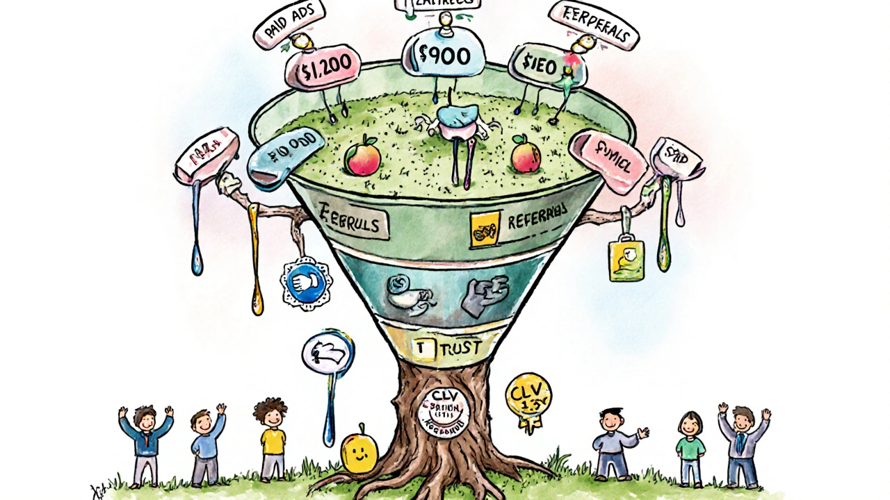 A marketing funnel shaped like a tree, showing cost-effective channels feeding into trust and long-term customer value.