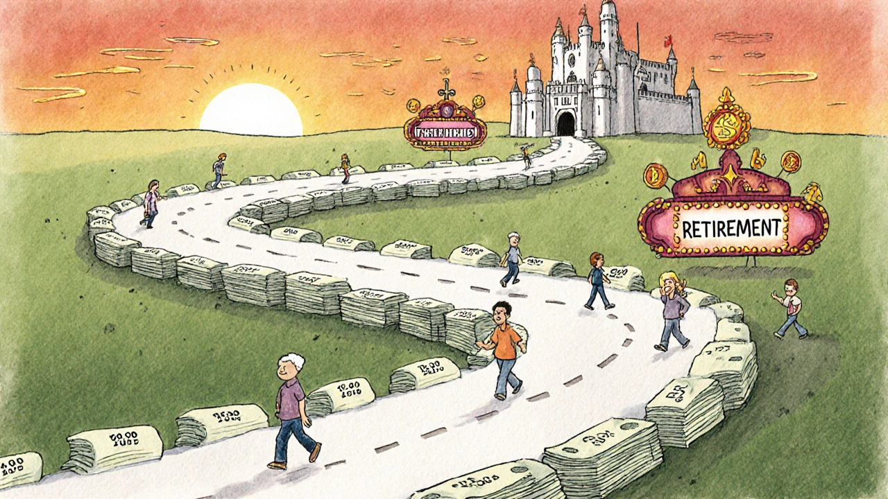 A path of paychecks leading to a retirement castle, while others chase flashy distractions.