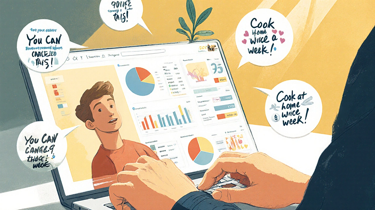 A person holding a mirror reflecting a financial dashboard, with helpful AI bubbles floating nearby.