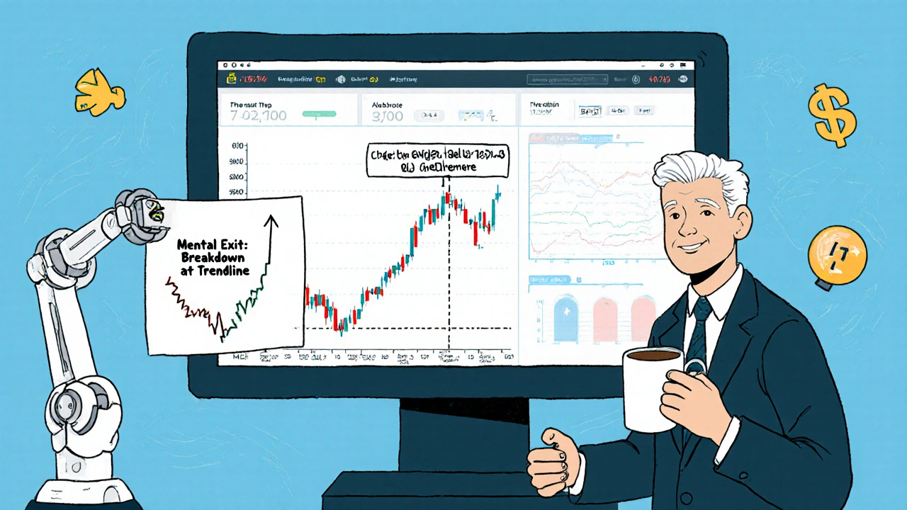 A professional trader uses a hybrid system: a wide hard stop acts as a shield while a mental exit point is marked on a chart, with trailing stop icons rising safely.