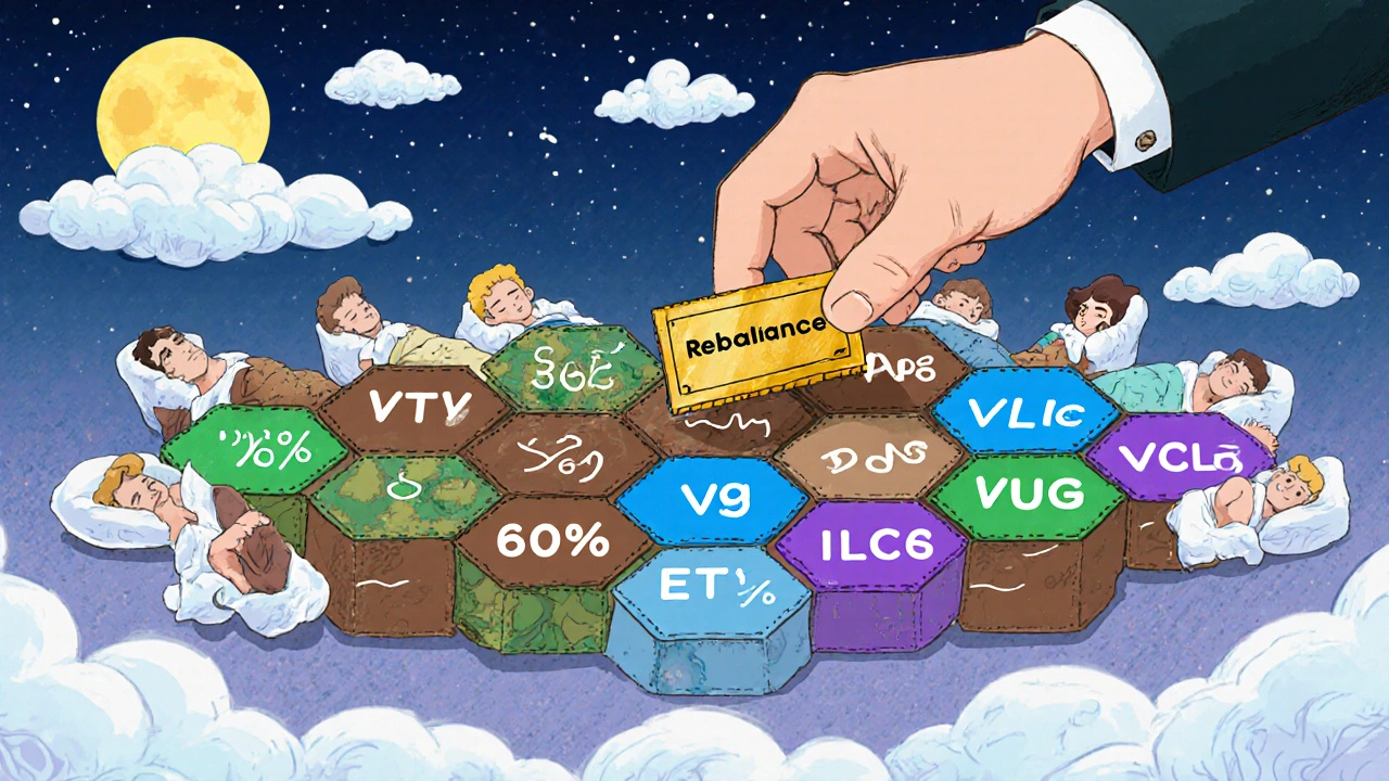A quilt of ETF tiles representing a 60/40 value-growth portfolio, with a rebalance stamp and peaceful investors sleeping nearby.